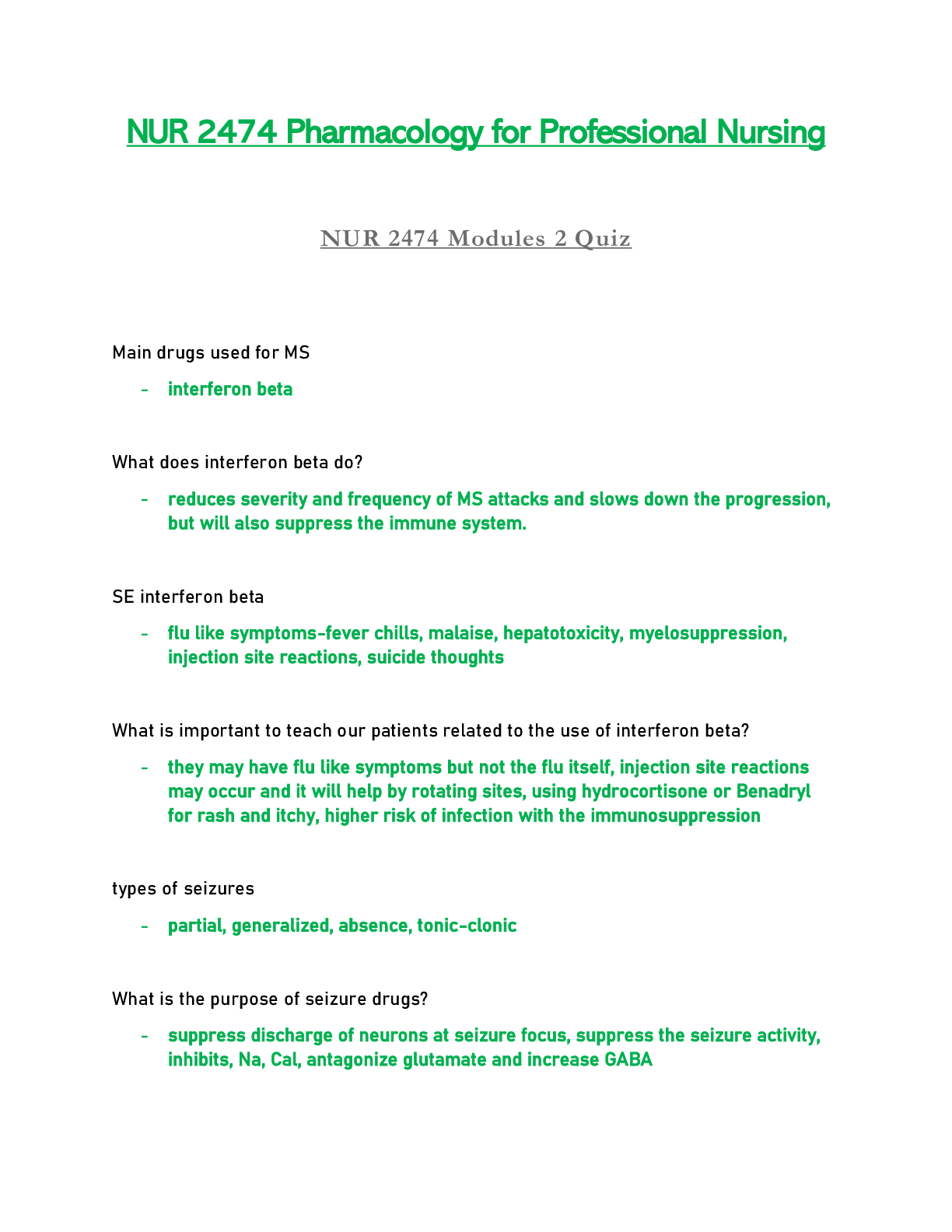 Preview of NUR2474 / NUR 2474 Module 2 Quiz Updated: Pharmacology for Professional Nursing - Rasmusse